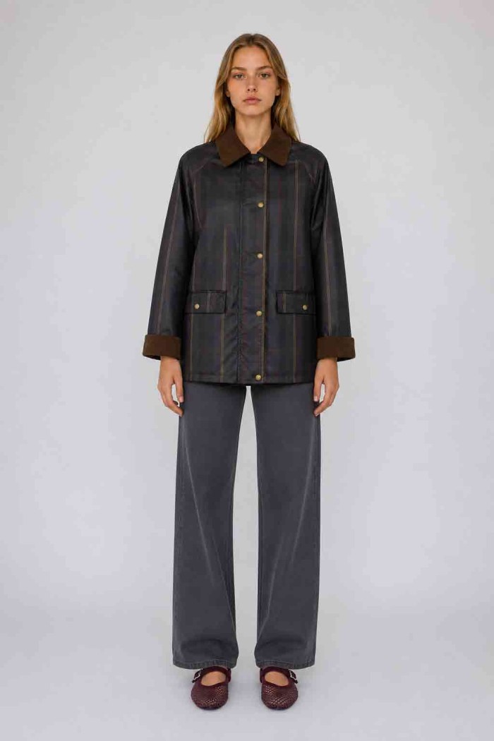 Chaqueta Mujer de Efecto Encerado a Cuadros con Cuello de Pana, Botones Metálicos y Bolsillos Frontales TY-Z68829