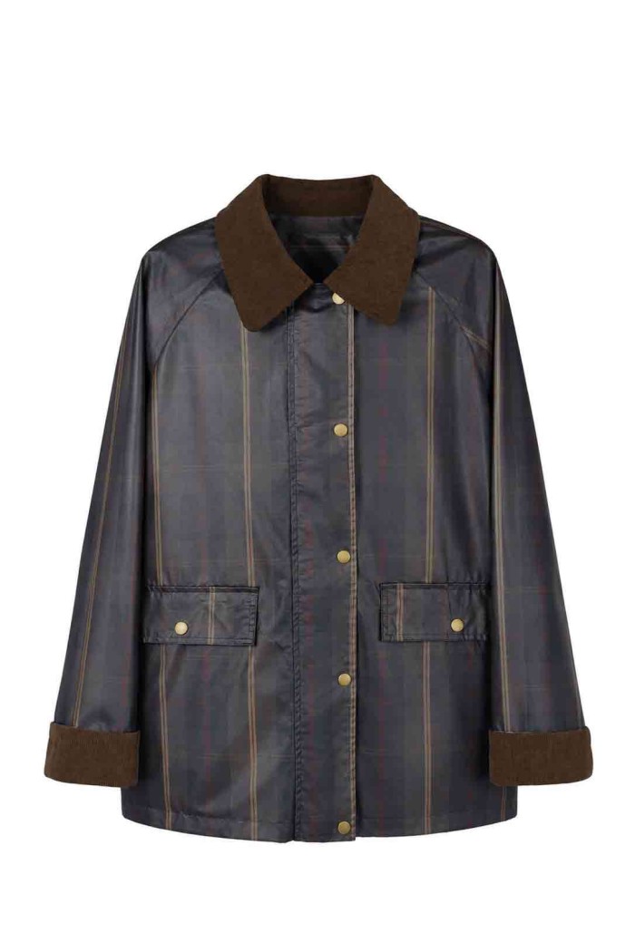 Chaqueta Mujer de Efecto Encerado a Cuadros con Cuello de Pana, Botones Metálicos y Bolsillos Frontales TY-Z68829