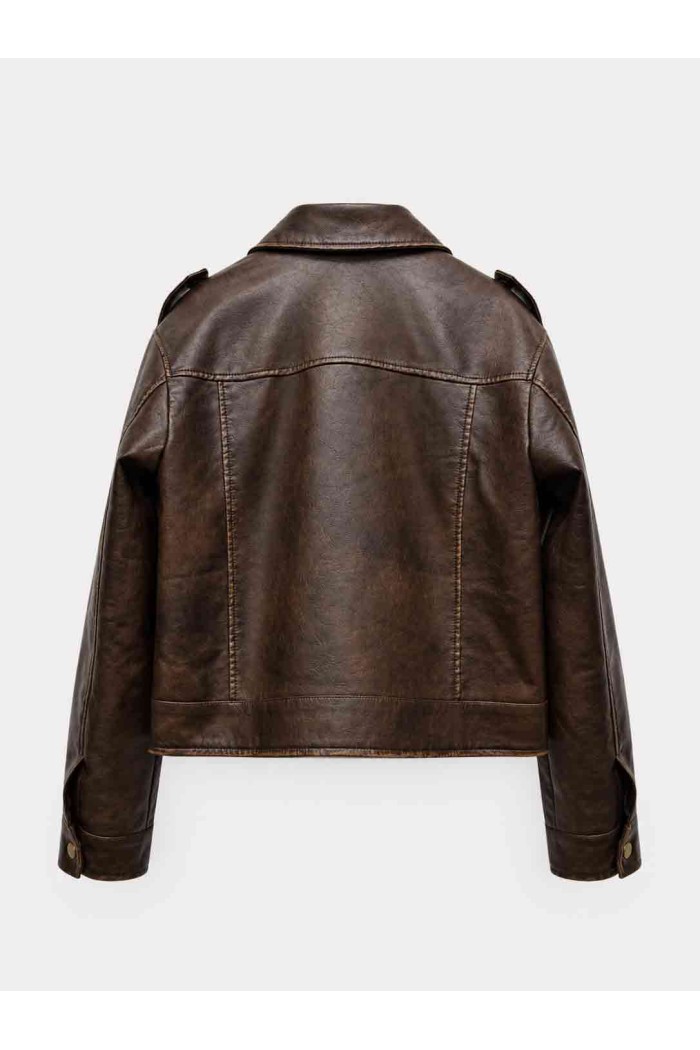 Chaqueta Corta Mujer de Polipiel con Cremallera, Bolsillos Cargo y Detalles Metálicos, Estilo Casual Urbano TY-M9327