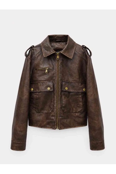 Chaqueta Corta Mujer de Polipiel con Cremallera, Bolsillos Cargo y Detalles Metálicos, Estilo Casual Urbano TY-M9327