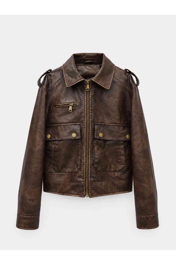 Chaqueta Corta Mujer de Polipiel con Cremallera, Bolsillos Cargo y Detalles Metálicos, Estilo Casual Urbano TY-M9327
