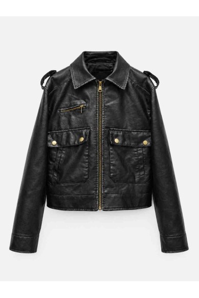 Chaqueta Corta Mujer de Polipiel con Cremallera, Bolsillos Cargo y Detalles Metálicos, Estilo Casual Urbano TY-M9327