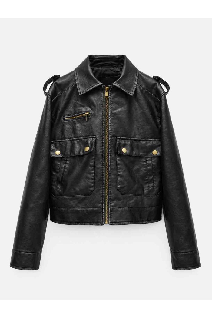 Chaqueta Corta Mujer de Polipiel con Cremallera, Bolsillos Cargo y Detalles Metálicos, Estilo Casual Urbano TY-M9327