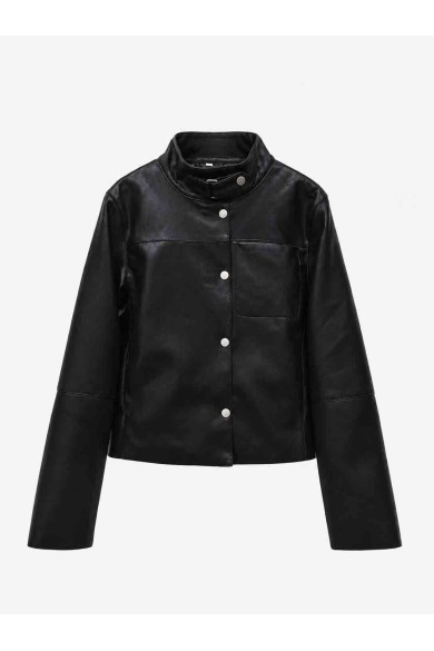 Chaqueta Corta Mujer de Polipiel con Cuello Alto, Botones Metálicos y Bolsillo Frontal, Estilo Minimalista TY-M9339