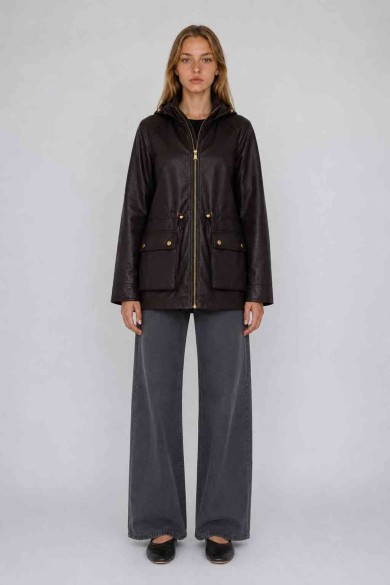 Parka Mujer de Polipiel con Capucha, Cremallera Frontal, Cintura Ajustable y Bolsillos Utility, Estilo Casual Urbano TY-M9300