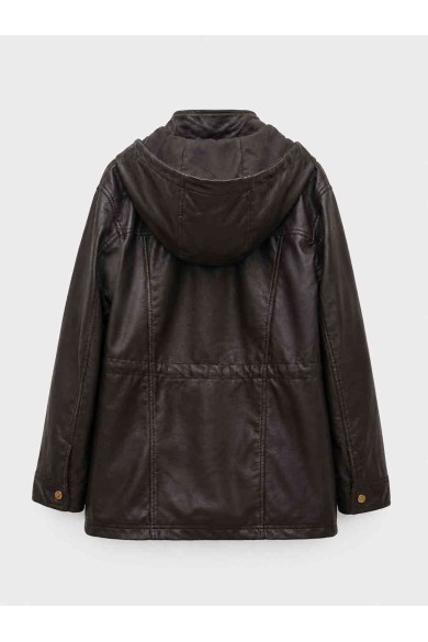 Parka Mujer de Polipiel con Capucha, Cremallera Frontal, Cintura Ajustable y Bolsillos Utility, Estilo Casual Urbano TY-M9300