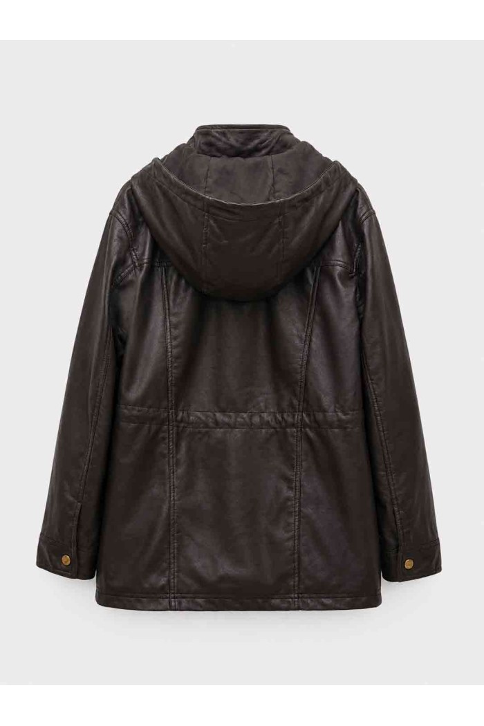 Parka Mujer de Polipiel con Capucha, Cremallera Frontal, Cintura Ajustable y Bolsillos Utility, Estilo Casual Urbano TY-M9300