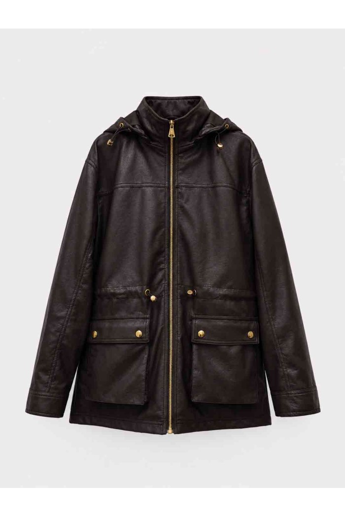Parka Mujer de Polipiel con Capucha, Cremallera Frontal, Cintura Ajustable y Bolsillos Utility, Estilo Casual Urbano TY-M9300