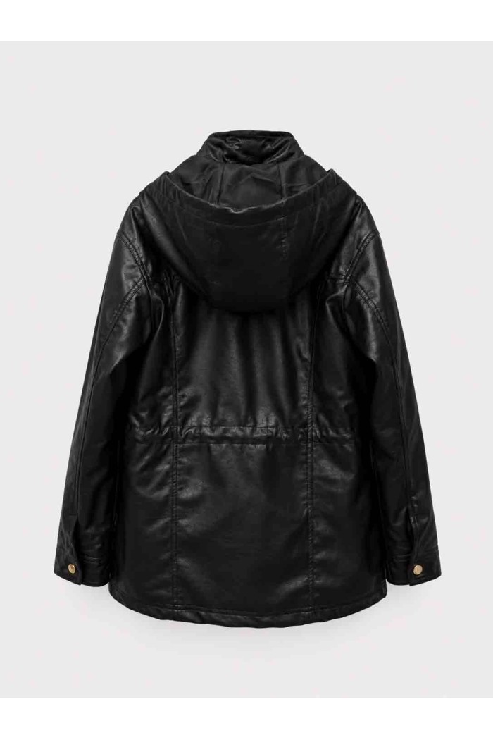Parka Mujer de Polipiel con Capucha, Cremallera Frontal, Cintura Ajustable y Bolsillos Utility, Estilo Casual Urbano TY-M9300