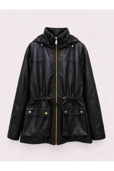 Parka Mujer de Polipiel con Capucha, Cremallera Frontal, Cintura Ajustable y Bolsillos Utility, Estilo Casual Urbano TY-M9300
