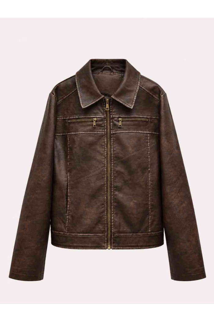 Chaqueta Mujer de Polipiel Efecto Vintage con Cremallera Frontal, Cuello Camisero y Bolsillos con Cremallera TY-M9533