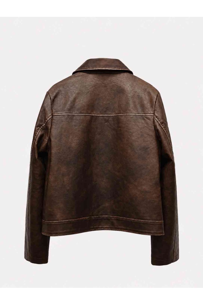 Chaqueta Mujer de Polipiel Efecto Vintage con Cremallera Frontal, Cuello Camisero y Bolsillos con Cremallera TY-M9533