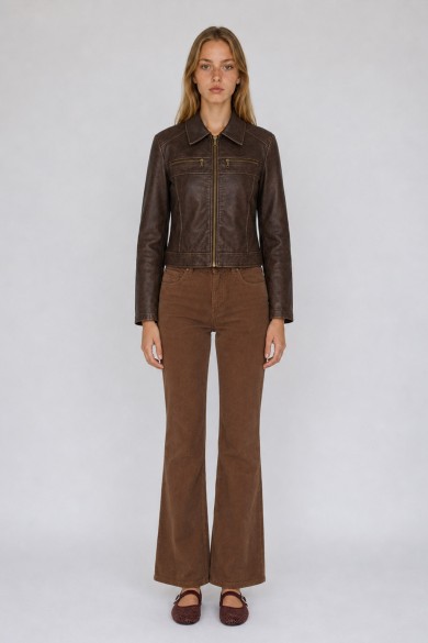 Chaqueta Mujer de Polipiel Efecto Vintage con Cremallera Frontal, Cuello Camisero y Bolsillos con Cremallera TY-M9533
