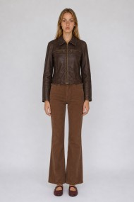 Chaqueta Mujer de Polipiel Efecto Vintage con Cremallera Frontal, Cuello Camisero y Bolsillos con Cremallera TY-M9533