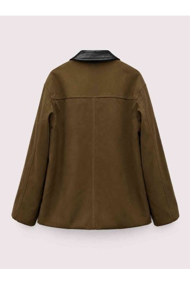 Chaqueta Mujer de Antelina con Cuello de Polipiel en Contraste, Botones Frontales y Bolsillos Laterales TY-M9337