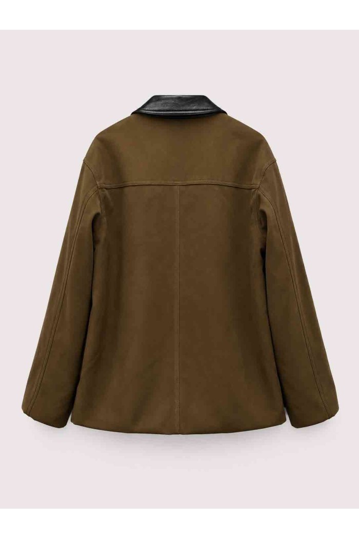 Chaqueta Mujer de Antelina con Cuello de Polipiel en Contraste, Botones Frontales y Bolsillos Laterales TY-M9337