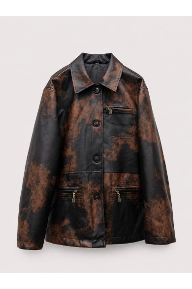 Chaqueta Mujer de Polipiel Efecto Desgastado con Botones, Bolsillos con Cremallera y Estilo Vintage Urbano TY-M9315