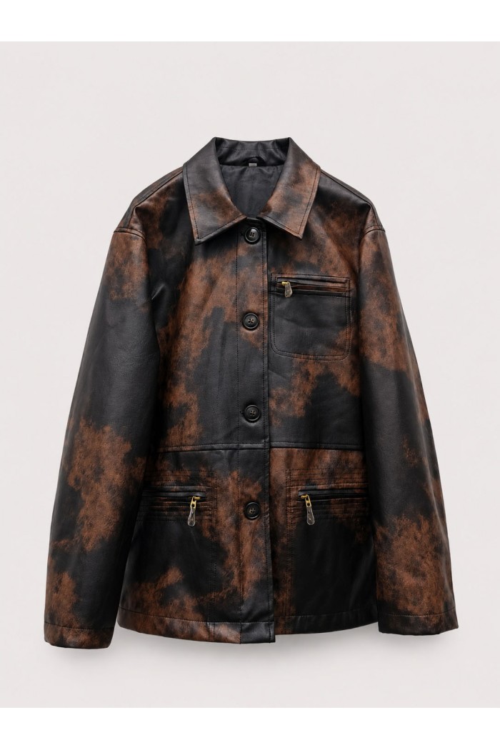 Chaqueta Mujer de Polipiel Efecto Desgastado con Botones, Bolsillos con Cremallera y Estilo Vintage Urbano TY-M9315