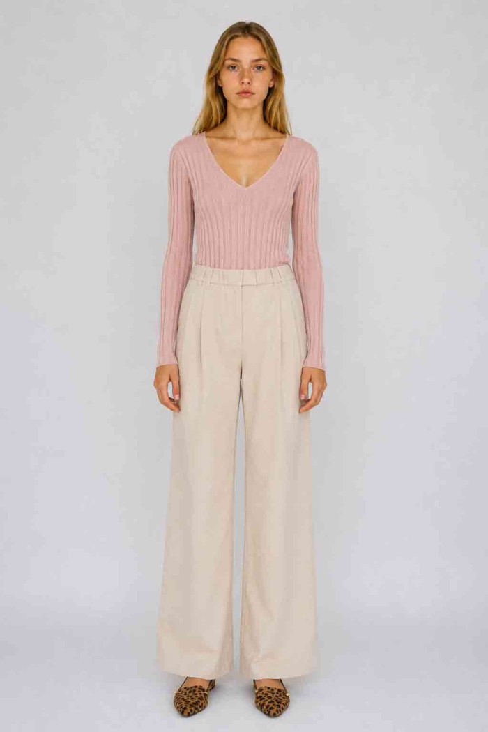 Jersey corto de canalé con cuello de pico para mujer TB-3746