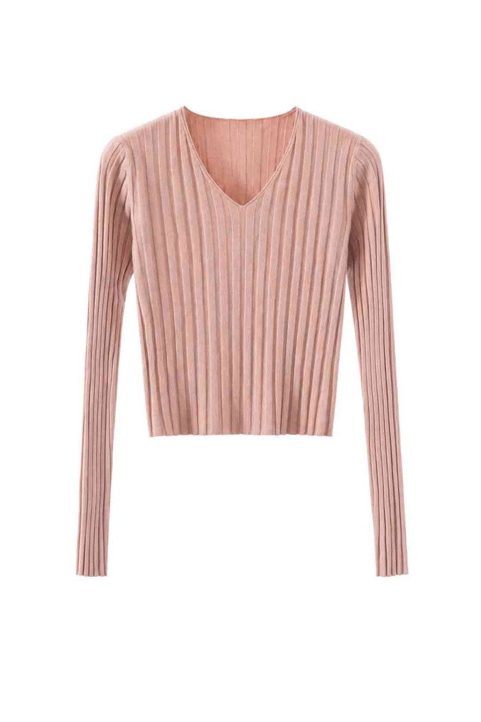 Jersey corto de canalé con cuello de pico para mujer TB-3746