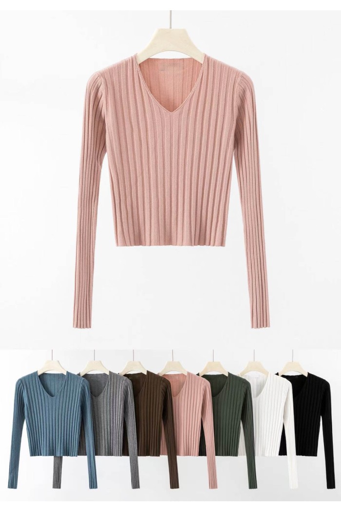 Jersey corto de canalé con cuello de pico para mujer TB-3746