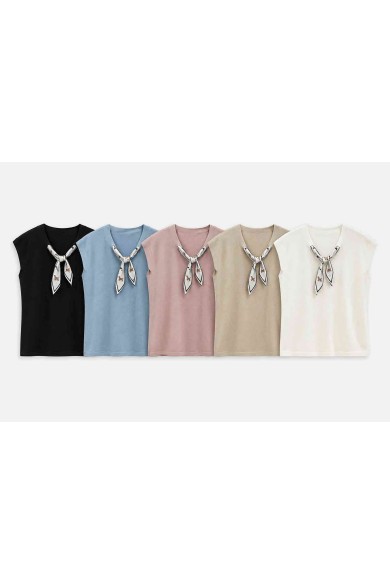 Top de punto sin mangas con pañuelo decorativo TB-SF8602
