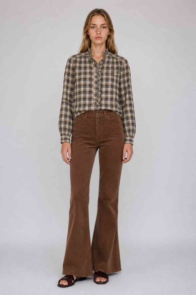 Camisa De Mujer De Cuadros Con Volantes Y Detalle Floral Manga Larga Estilo Romántico DBT-X6355