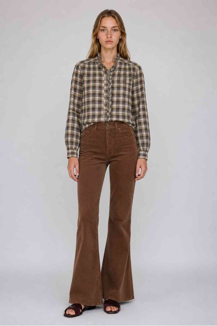 Camisa De Mujer De Cuadros Con Volantes Y Detalle Floral Manga Larga Estilo Romántico DBT-X6355