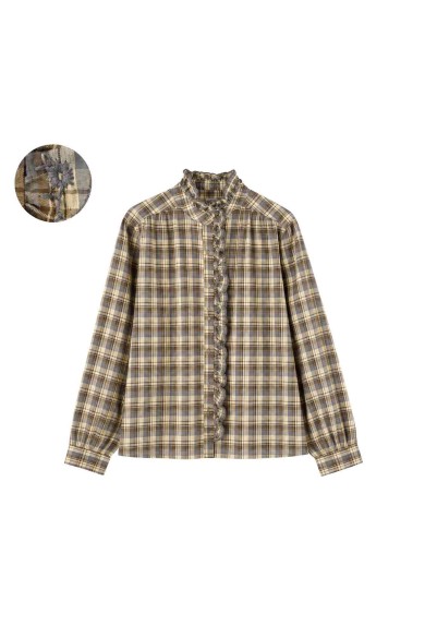 Camisa De Mujer De Cuadros Con Volantes Y Detalle Floral Manga Larga Estilo Romántico DBT-X6355