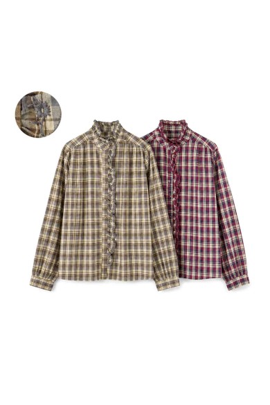 Camisa De Mujer De Cuadros Con Volantes Y Detalle Floral Manga Larga Estilo Romántico DBT-X6355