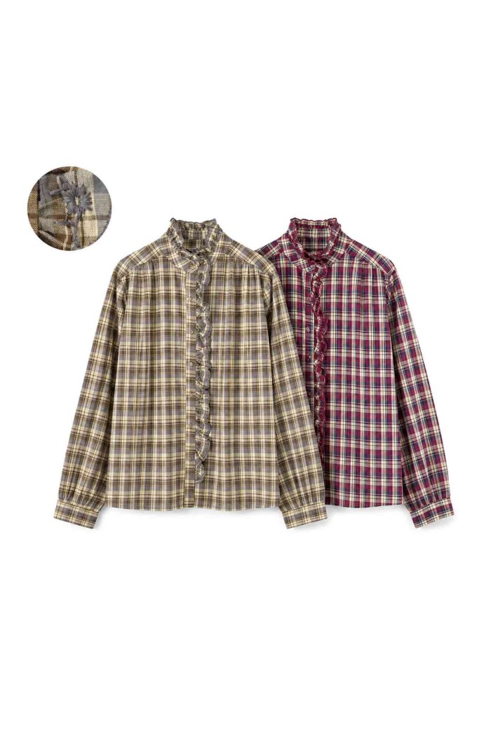 Camisa De Mujer De Cuadros Con Volantes Y Detalle Floral Manga Larga Estilo Romántico DBT-X6355