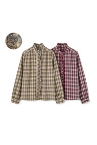 Camisa De Mujer De Cuadros Con Volantes Y Detalle Floral Manga Larga Estilo Romántico DBT-X6355