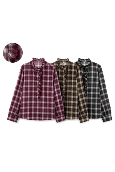 Camisa De Mujer De Cuadros Con Volantes Y Detalle De Encaje Manga Larga Colores Surtidos DBT-X6356