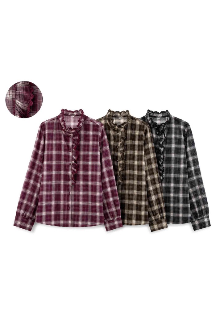 Camisa De Mujer De Cuadros Con Volantes Y Detalle De Encaje Manga Larga Colores Surtidos DBT-X6356