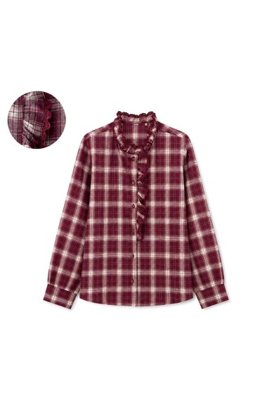 Camisa De Mujer De Cuadros Con Volantes Y Detalle De Encaje Manga Larga Colores Surtidos DBT-X6356