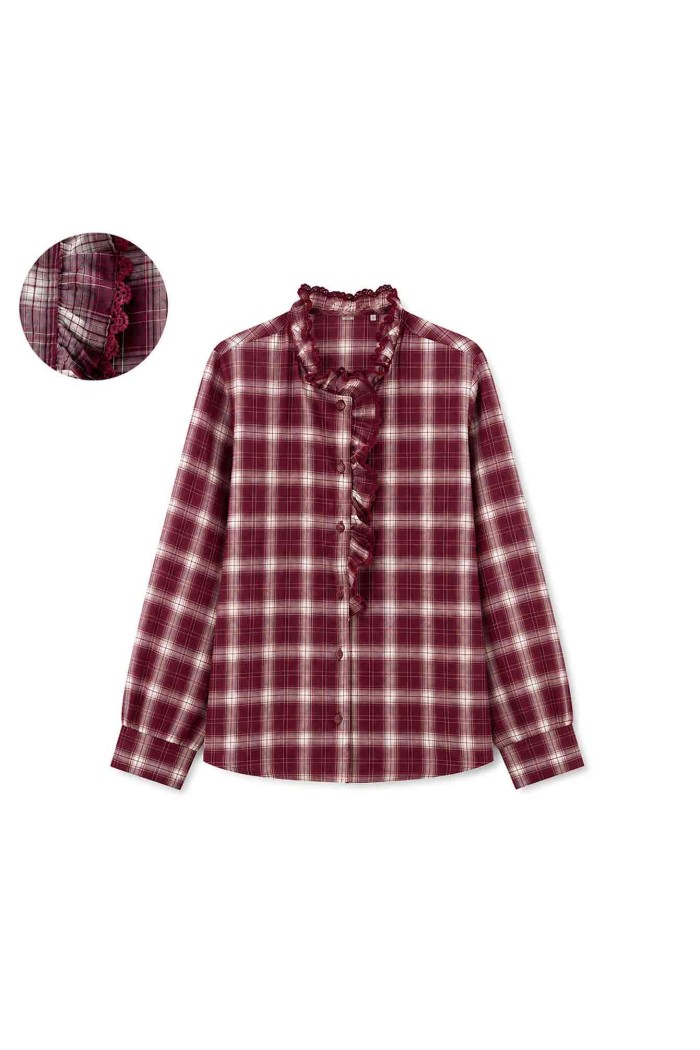 Camisa De Mujer De Cuadros Con Volantes Y Detalle De Encaje Manga Larga Colores Surtidos DBT-X6356
