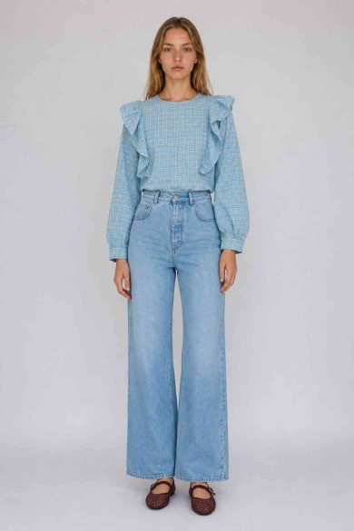 Blusa De Mujer De Cuadros Con Volantes Manga Larga Estilo Romántico Casual DBT-X6350