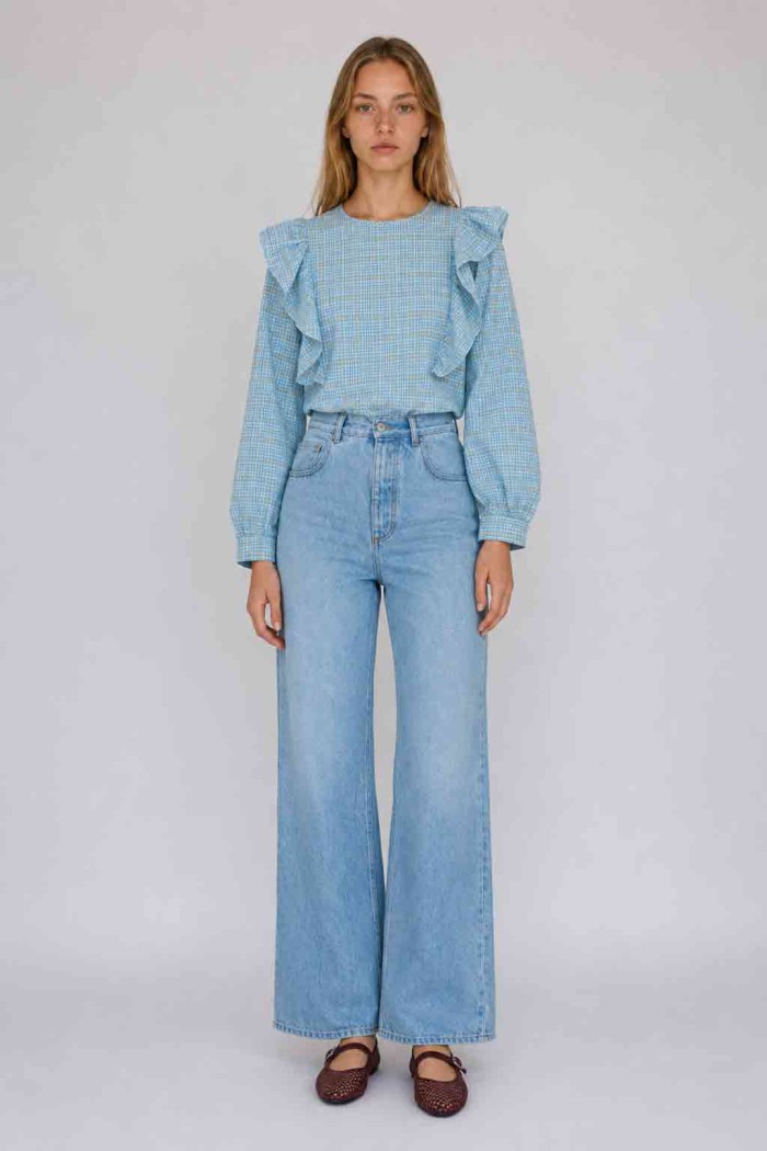 Blusa De Mujer De Cuadros Con Volantes Manga Larga Estilo Romántico Casual DBT-X6350