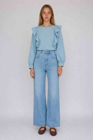 Blusa De Mujer De Cuadros Con Volantes Manga Larga Estilo Romántico Casual DBT-X6350