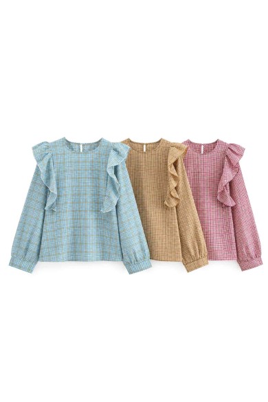 Blusa De Mujer De Cuadros Con Volantes Manga Larga Estilo Romántico Casual DBT-X6350