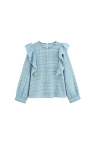 Blusa De Mujer De Cuadros Con Volantes Manga Larga Estilo Romántico Casual DBT-X6350