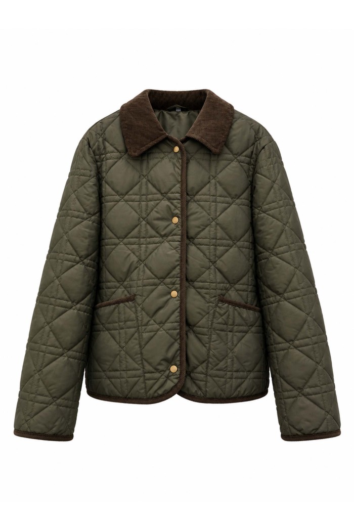 Chaqueta Acolchada Mujer Verde Militar Con Cuello De Pana TY-M9550