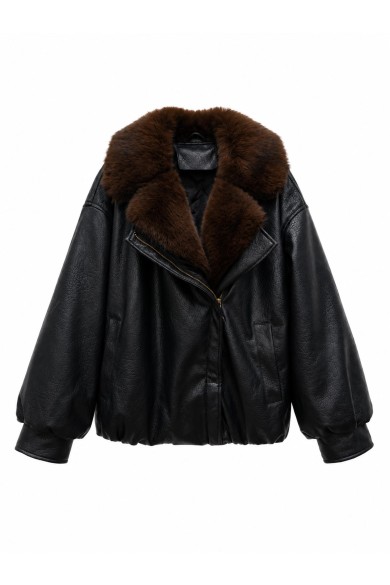 Chaqueta Mujer Polipiel Marrón Con Cuello De Pelo TY-M9572