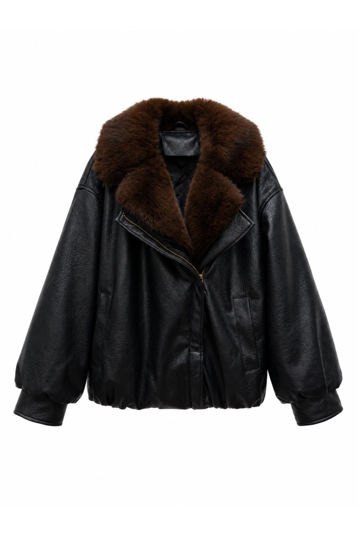 Chaqueta Mujer Polipiel Marrón Con Cuello De Pelo TY-M9572