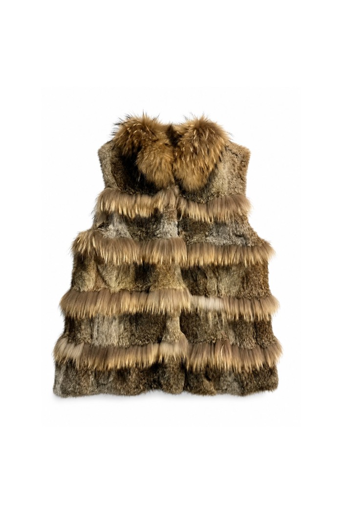 CHALECO LARGO DE PELO DE CONEJO CON DETALLES DE PELO DE MARMOTA PC-LLL5950