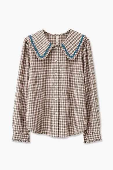 Blusa De Cuadros Con Cuello Grande Y Volantes FBZMR22492