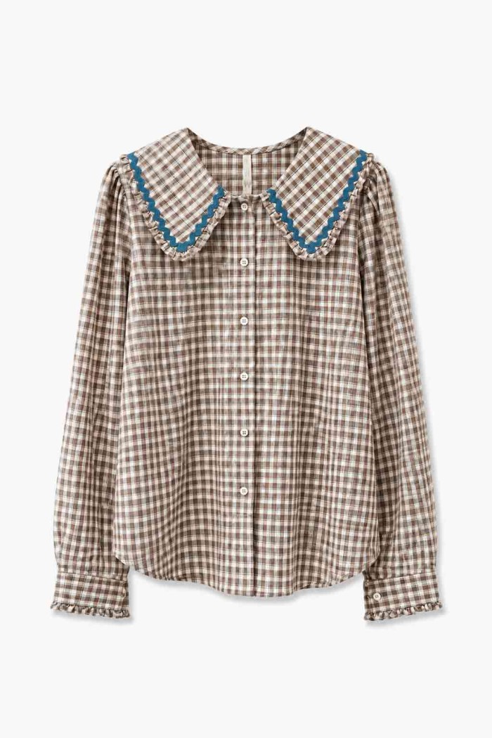 Blusa De Cuadros Con Cuello Grande Y Volantes FBZMR22492