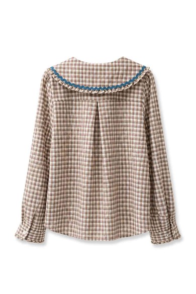 Blusa De Cuadros Con Cuello Grande Y Volantes FBZMR22492