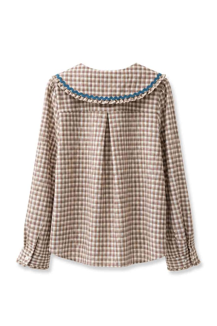 Blusa De Cuadros Con Cuello Grande Y Volantes FBZMR22492