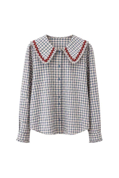 Blusa De Cuadros Con Cuello Grande Y Volantes FBZMR22491